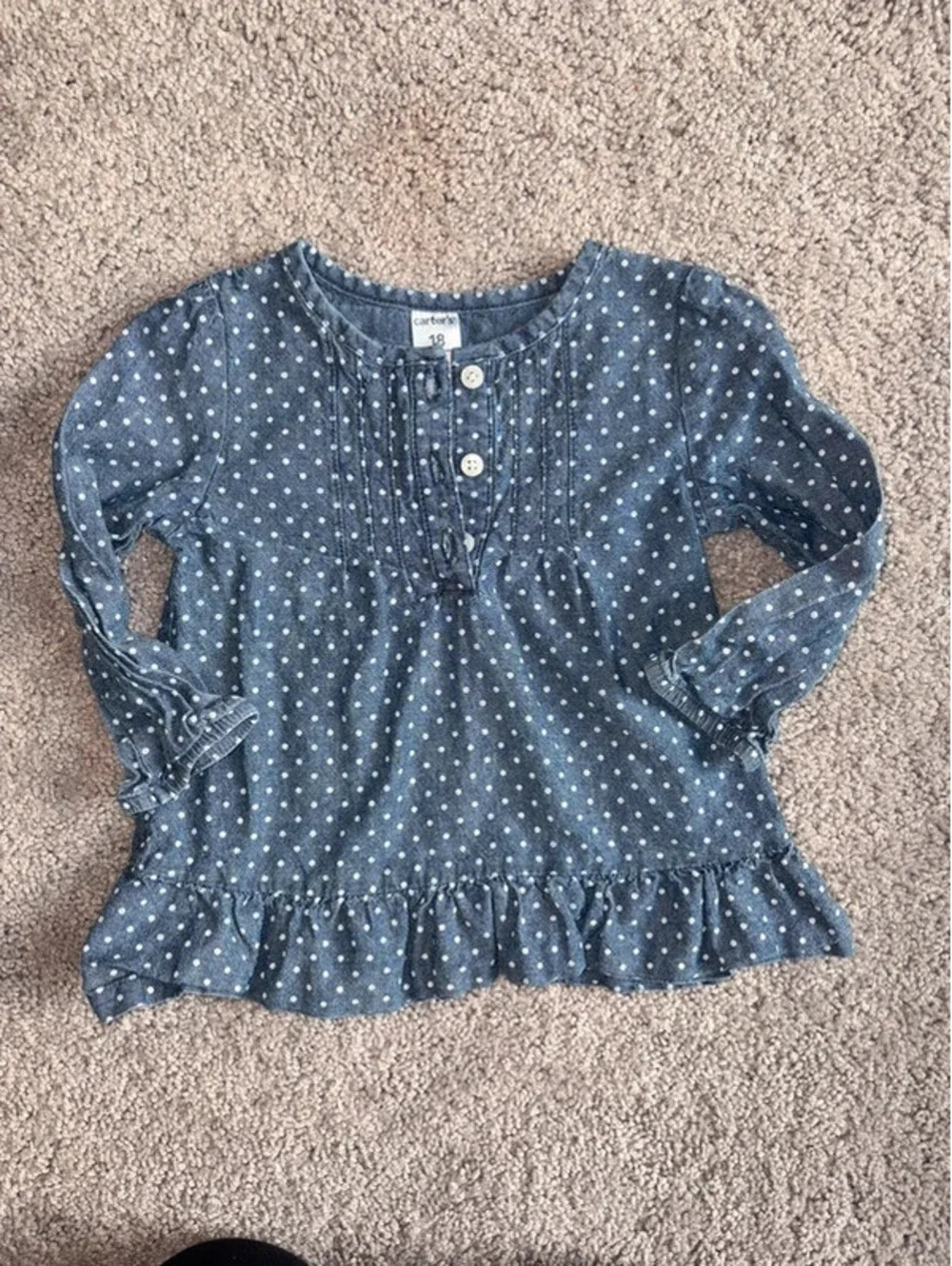 Carter’s Girls Chambray Polka Dot Ruffle Top Size 18 Months